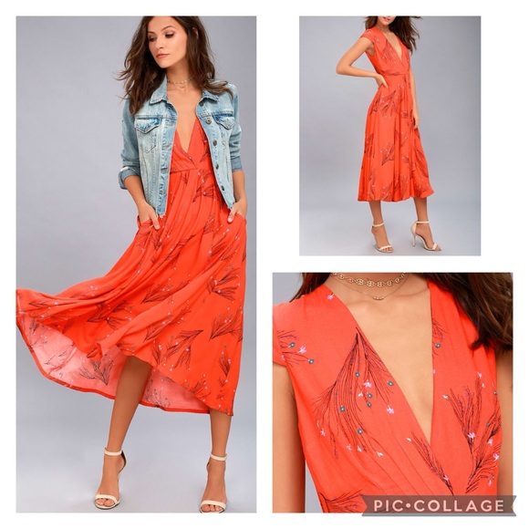 Free People Retro Coral Orange Floral Midi Dresss with Pockets Size 6 - Picture 16 of 16